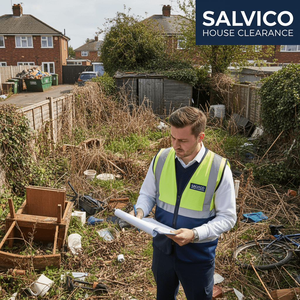 Surveyor inspecting a cluttered property to assess clearance needs