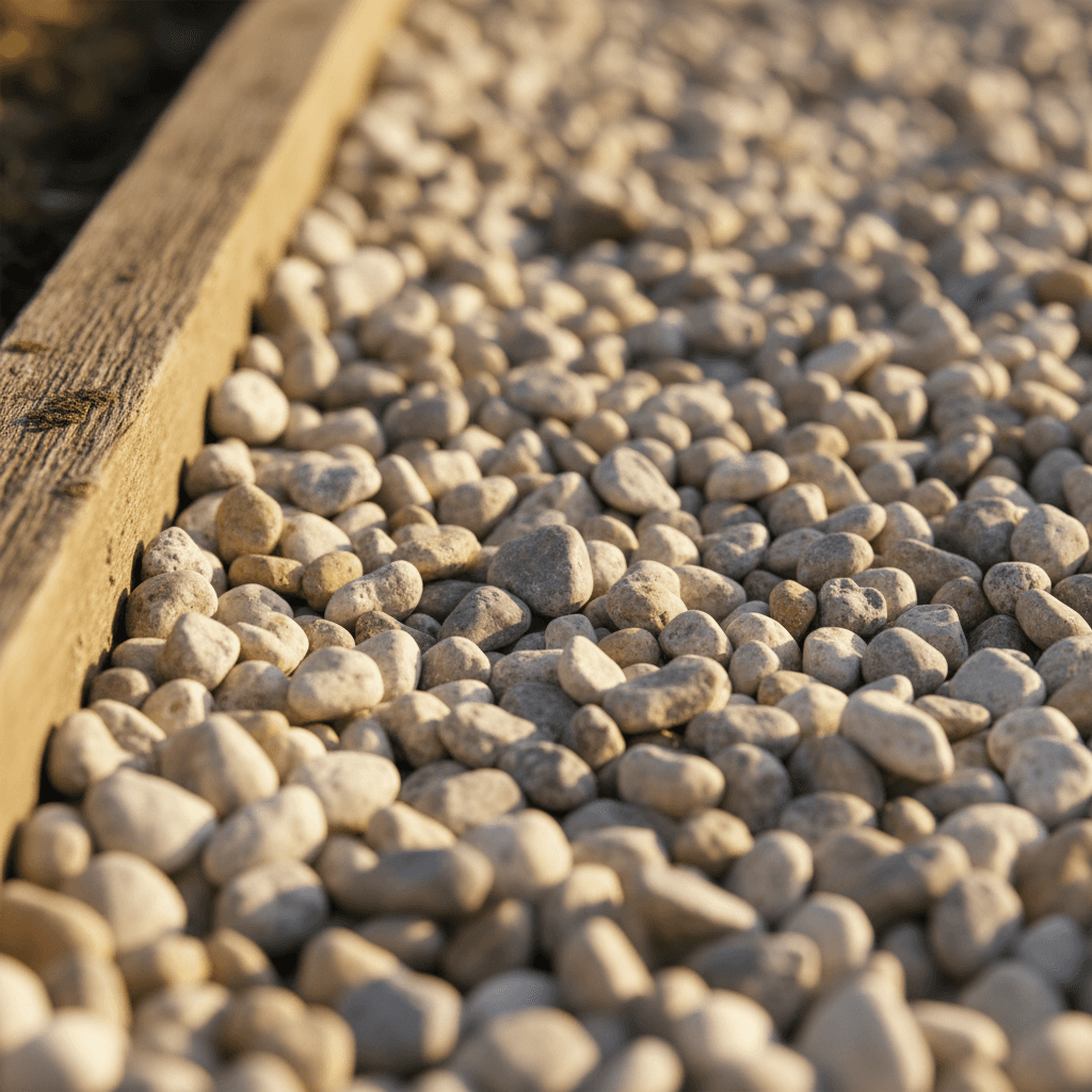 Pea gravel surface close-up showing smooth rounded stones
