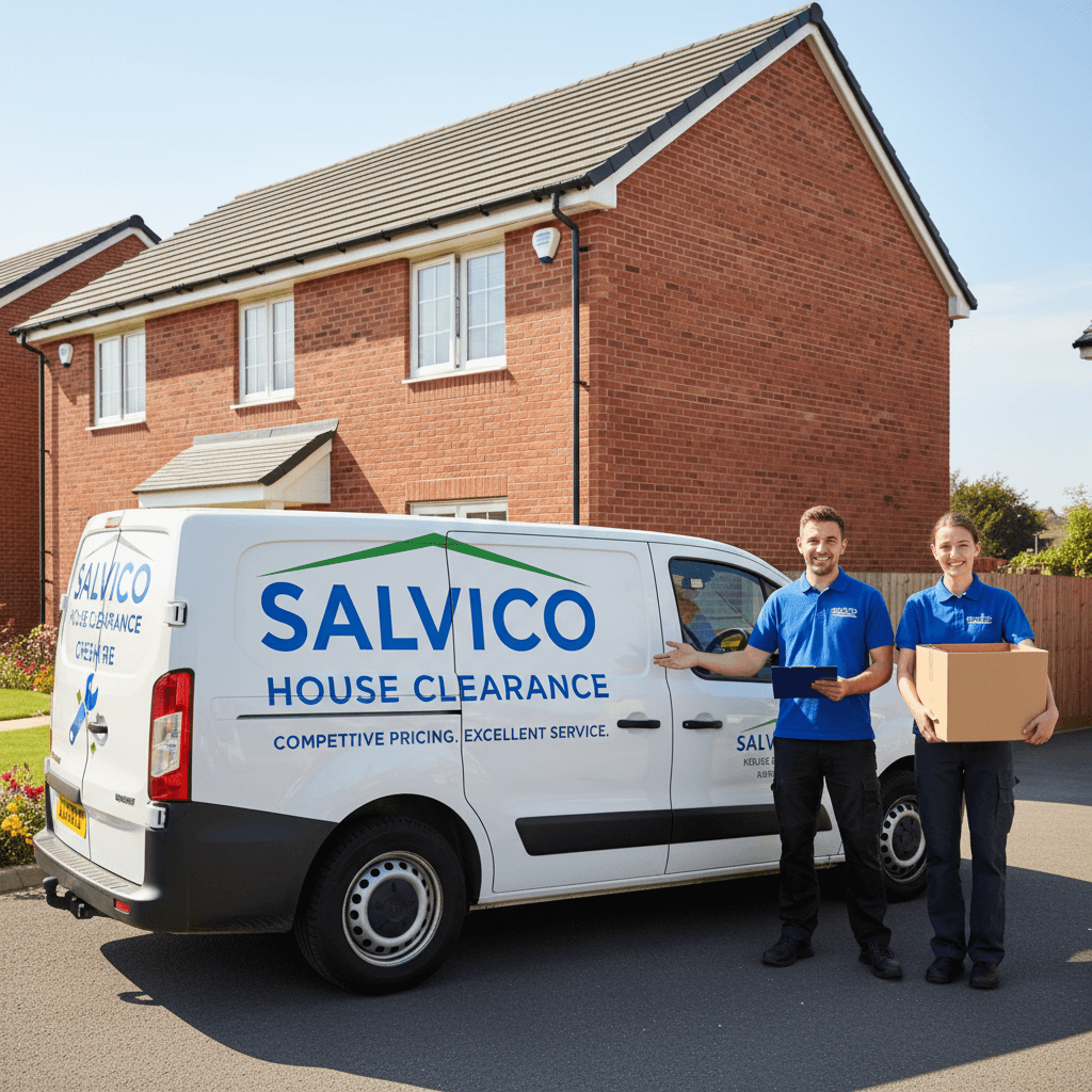Salvico van with service workers outside a Cheshire home, symbolizing competitive pricing and reliability.