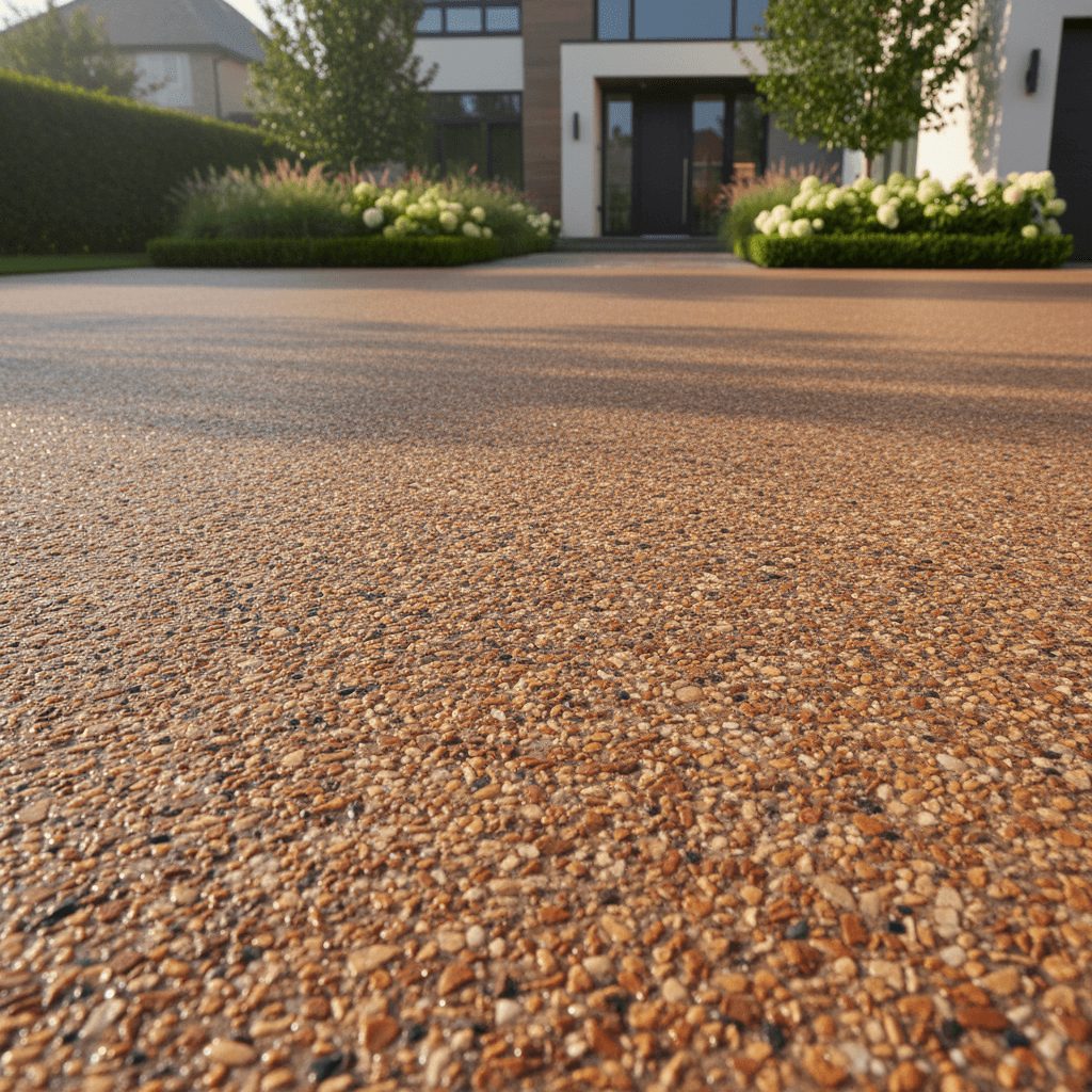 Professional resin-bound stone driveway with rich earth tones