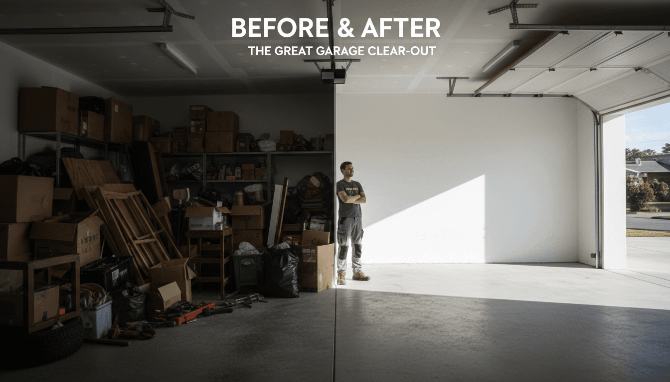 Before-and-after garage clearance showing cluttered space transformed to clear, organized area