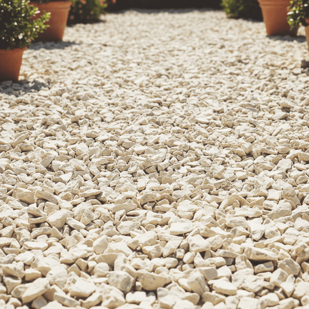 Limestone chippings pathway showing pale angular stones