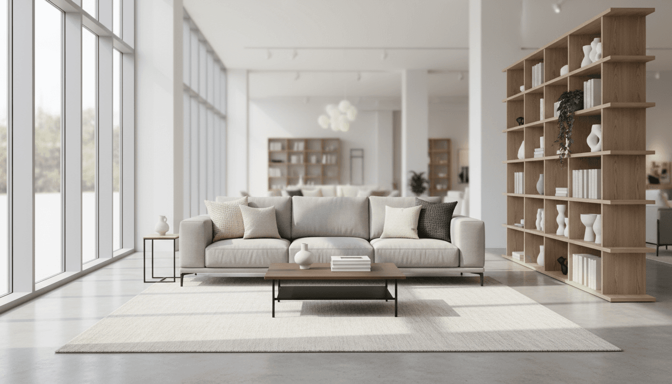Modern showroom displaying modular sofa with pillows, area rug, coffee table, and decorative accessories in natural light