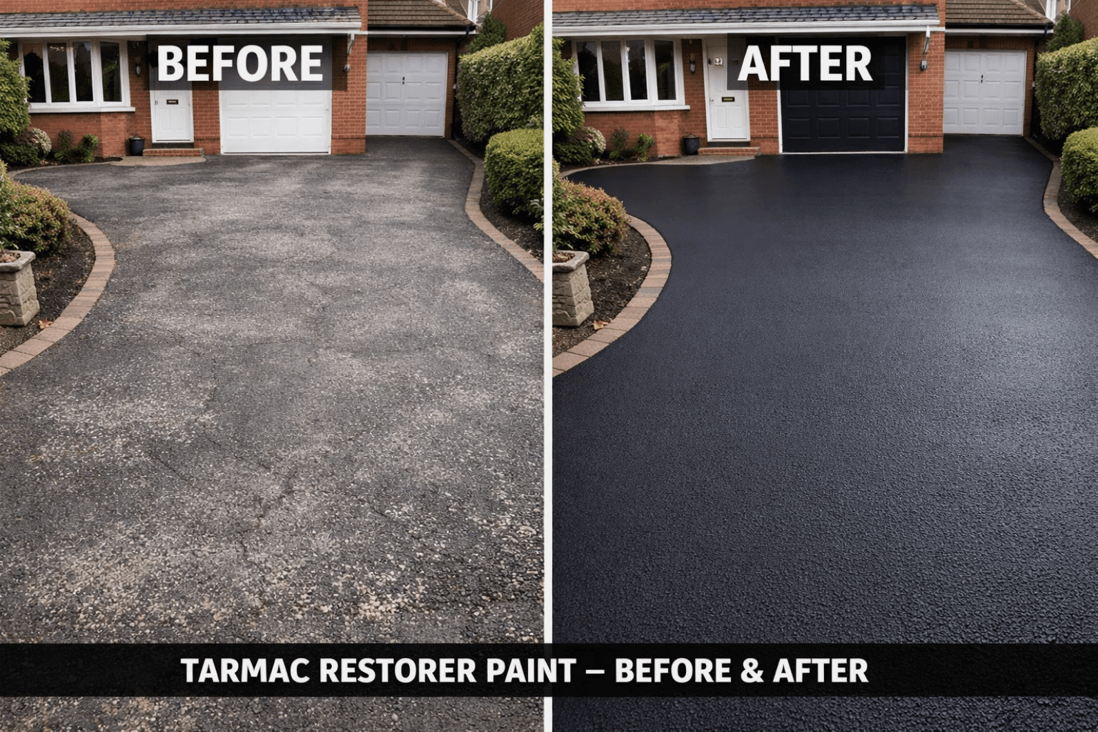 Before and after comparison of a faded driveway restored with smooth, jet-black tarmac restorer paint.
